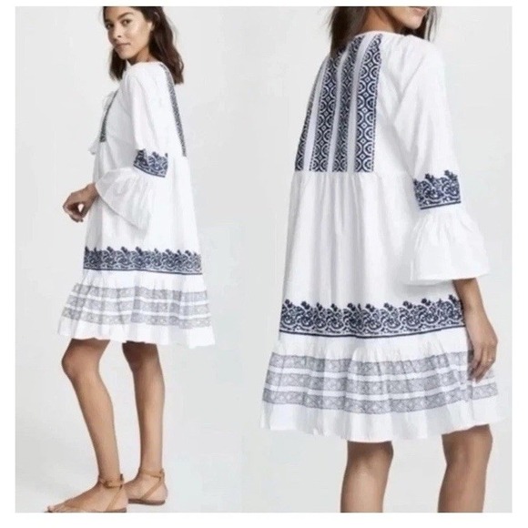 Roller Rabbit Dresses & Skirts - Roller Rabbit Mona Dress White Blue Border Maricruz Sz L Boho Flare
